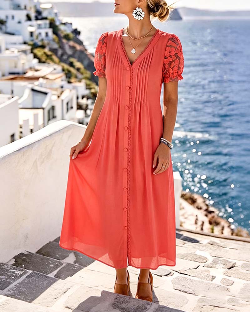 Robe Col En V Bordée De Dentelle Manche Bouffante