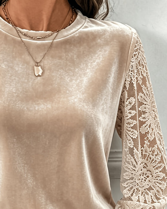 Blouse Col Rond Dentelle Bouton Unie