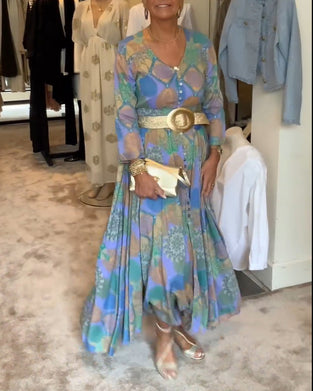 Robe à manches longues fendue boutonnée imprimée vintage