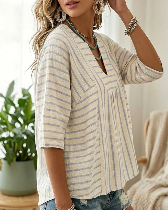 Blouse Rayure Texture Demi Manche Décontractée