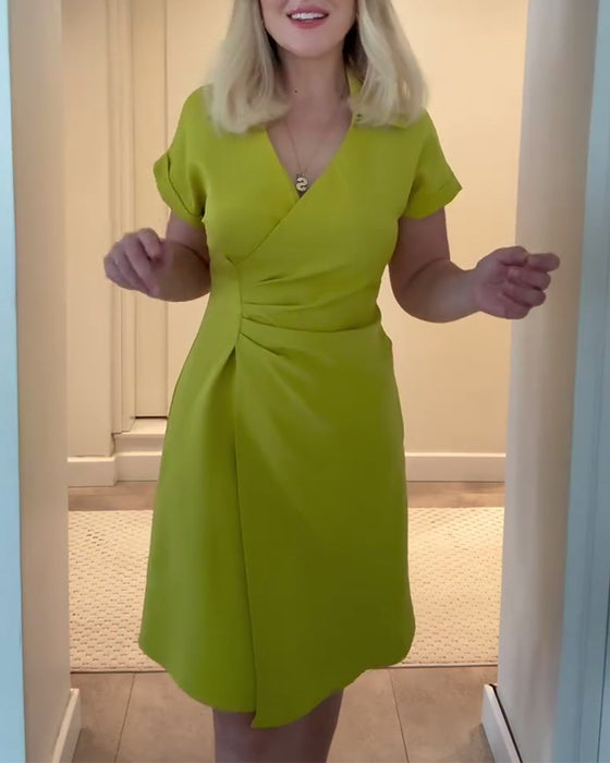 Robe Revers Uni Taille Plissée