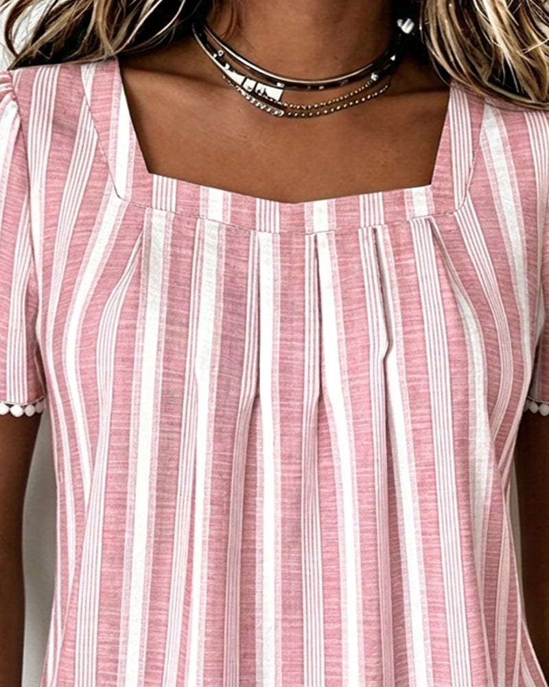 Blouse Rayée Col Carré Manches Courtes