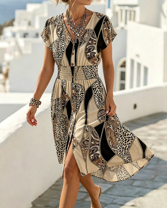 Robe Léopard Imprimé Col V Bouton Taille
