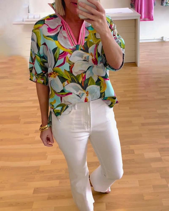 Blouse à manches mi-longues et col montant à imprimé floral