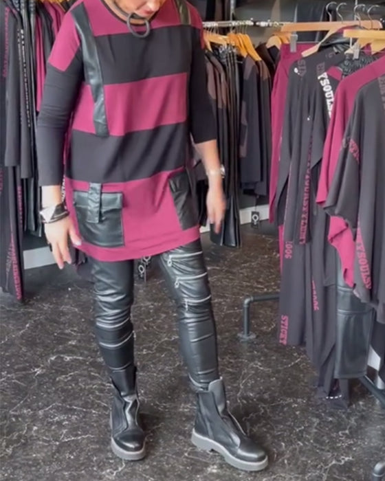 Haut de couleur contrastée avec coutures de poche en PU à col rond