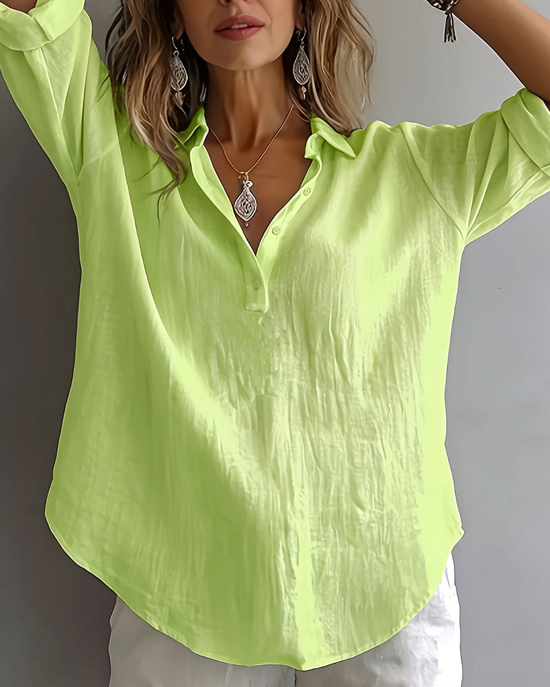 Blouse Unie Col Patte Demi-Patron Manches Longues