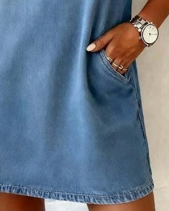 Robe Denim Col V Manches Courtes Shift