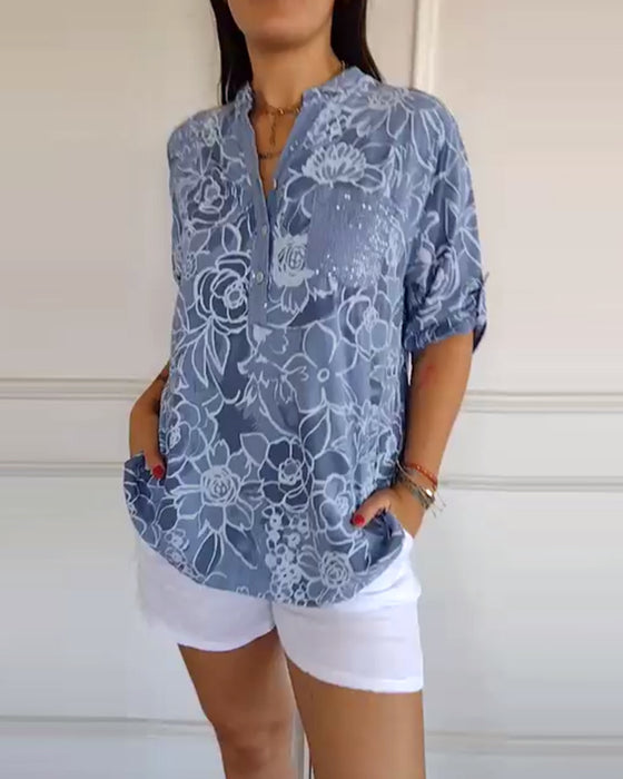 Blouse Col V Boutonnée Imprimée