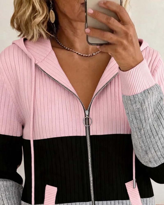 Manteau Capuche Fermeture Éclair Nervuré Bloc De Couleur