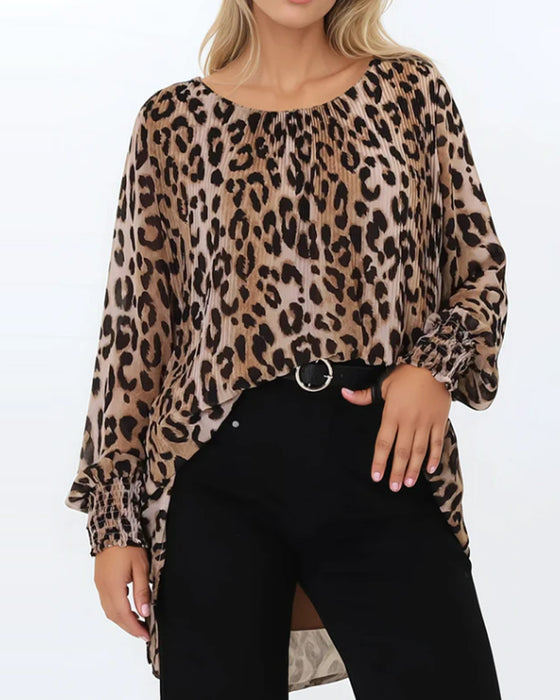 Blouse Col Rond Léopard Irrégulier Manche Lanterne