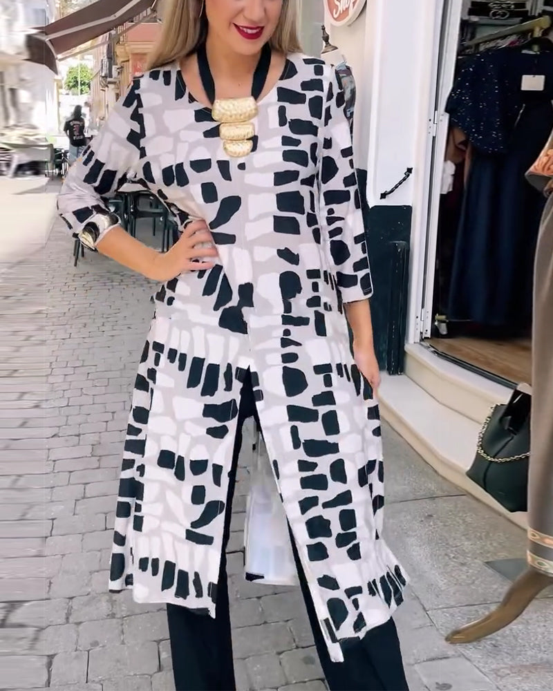 Haut À Carreaux Ourlet Carré Fente Latérale