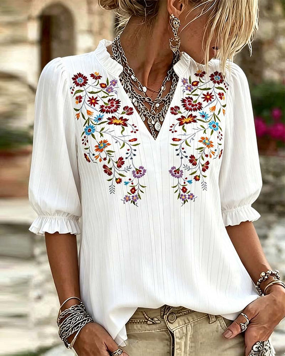 Blouse Volant Garniture Imprimé Décontractée
