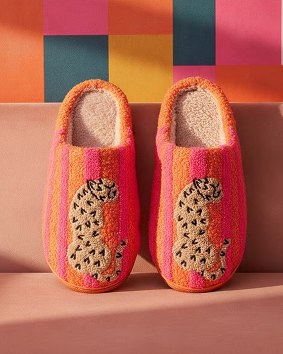 Damen Retro Gestreift & Leopard Flauschige Pantoffeln