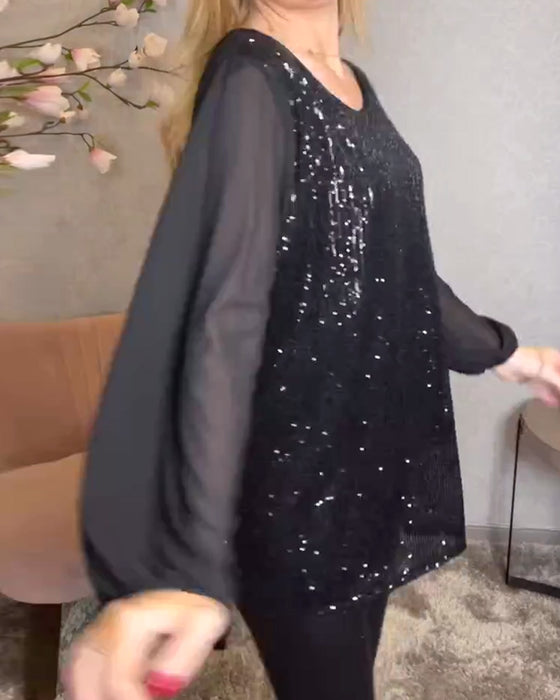 Chemise Col Rond Manches Longues Sequins