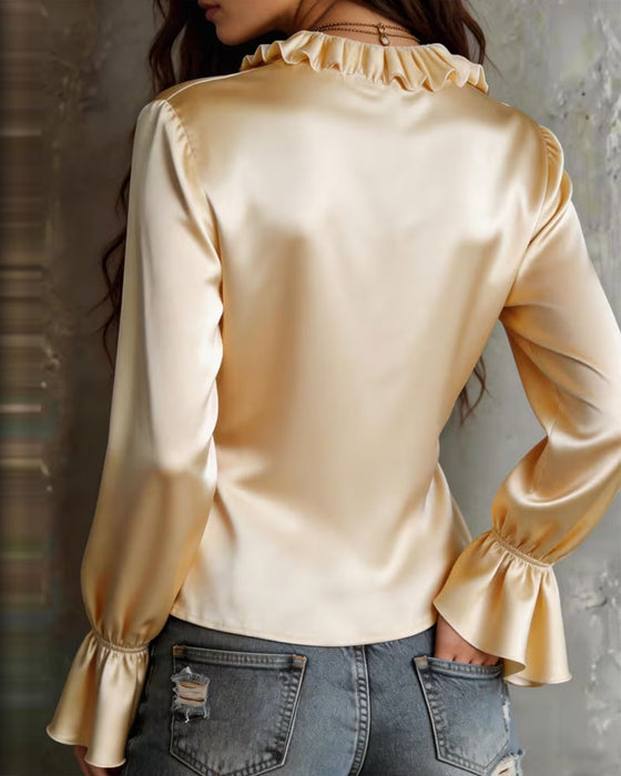 Chemise Volant Col V Bouton Manche Longue