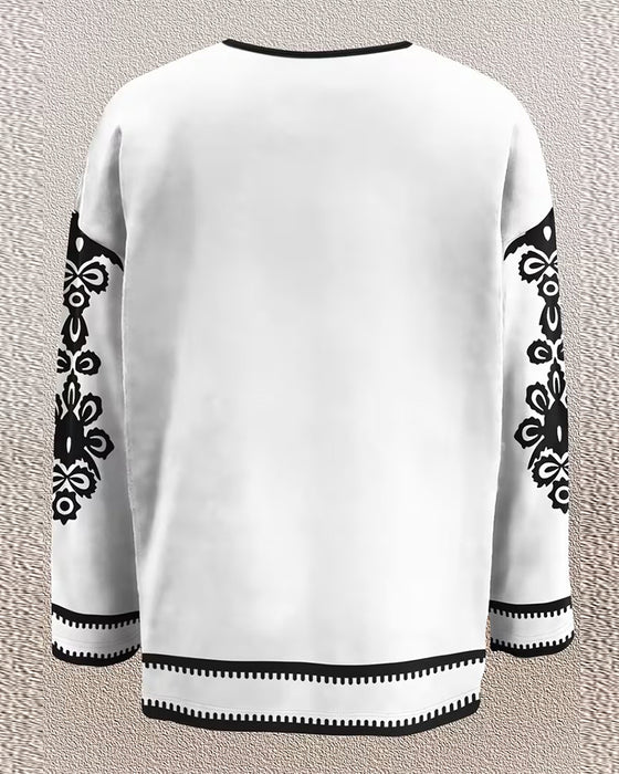 Farbig kontrastierter V-Ausschnitt Gemustertes Langarmtop