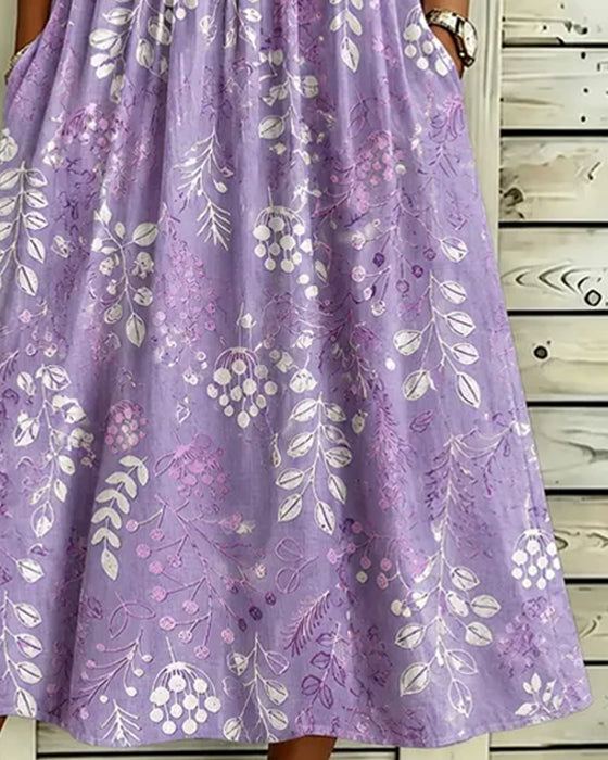 Robe Col Rond Imprimé Feuille Taille Cintrée
