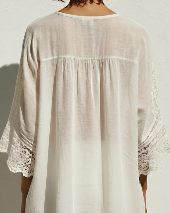 Blouse Unie À Col V En Dentelle