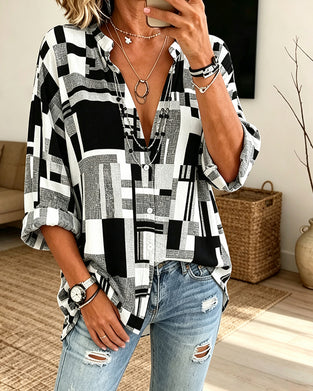 Blouse Imprimé Géométrique Col En V Décontractée