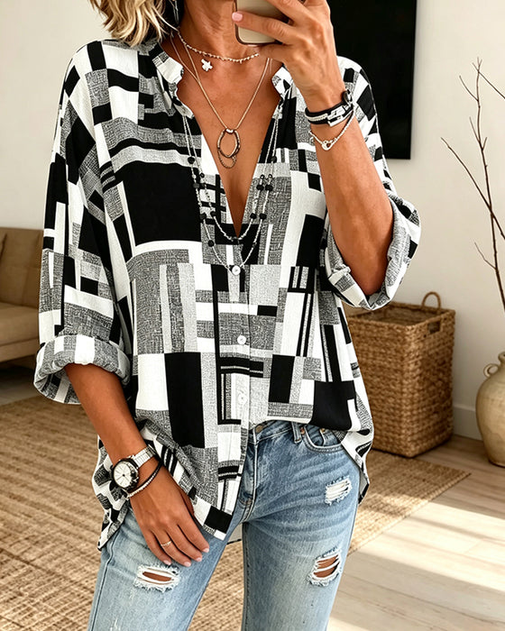 Blouse Imprimé Géométrique Col En V Décontractée
