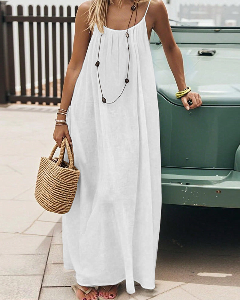Robe Uni Couleur Plissé Dos Nu Bretelles Spaghetti Maxi