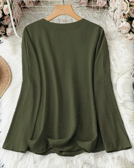 Blouse Col En V Irrégulière Unie Manches Longues