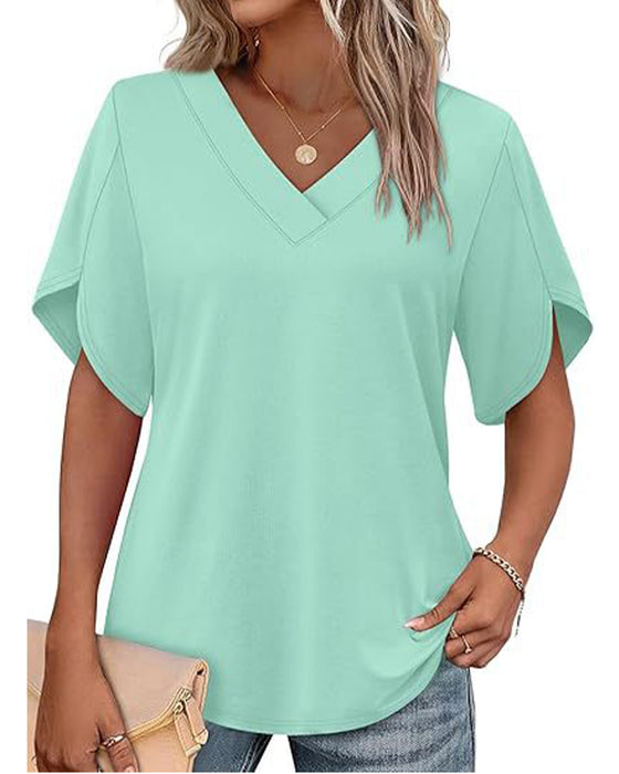 T-Shirt Col En V Petite Fente Manches Courtes Unie