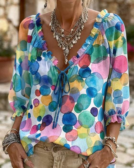 Blouse Col V À Manches À Volants