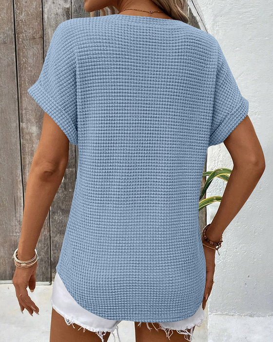 T-Shirt Femme Maille Gaufrée Col V Décontracté Été