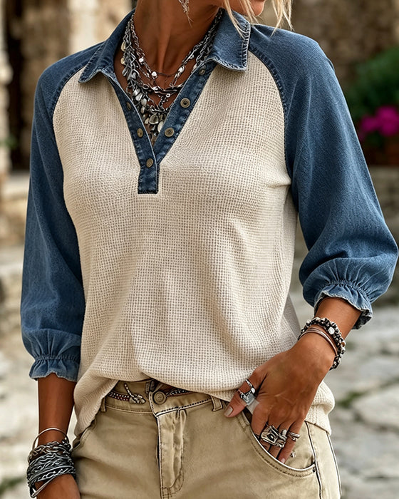 Blouse Col En V Texture Gaufrée Contraste Denim