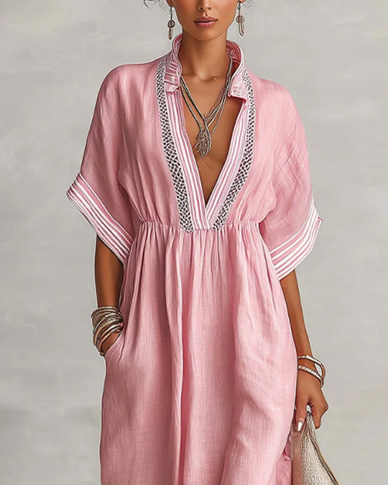 Robe Col En V Froncée Rayée Lâche