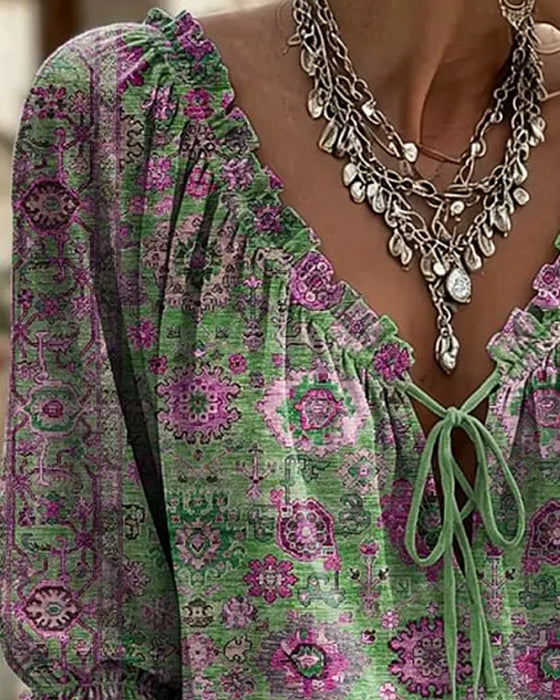 Blouse Col V Attache Vintage Imprimé