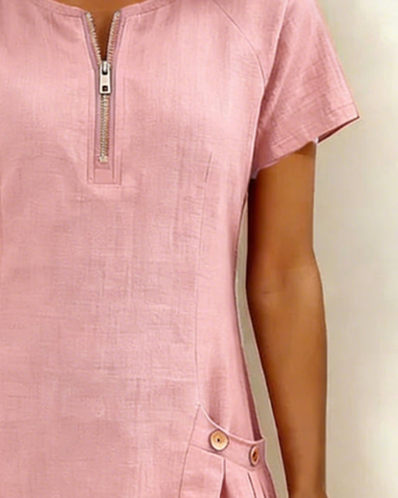 Robe Fermeture Éclair Poche Coton Lin