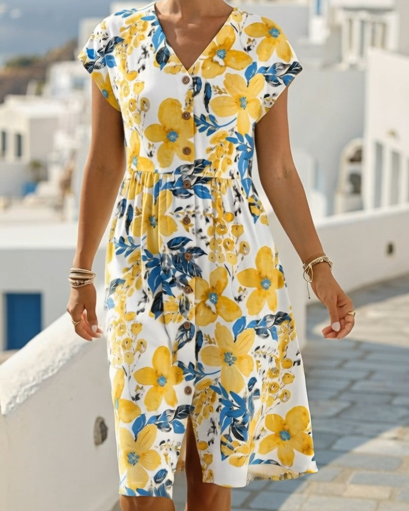 Robe Imprimé Floral Col V Manches Courtes