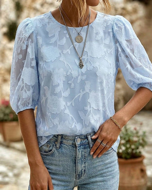 Blouse Col Rond À Manches Bouffantes