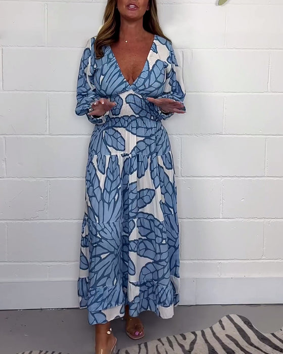 Robe longue à taille imprimée et col en V pour femmes