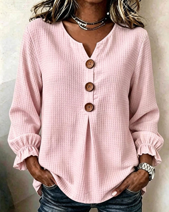 Haut Trois Boutons Manche Volantée Tricot Gaufré Manches Longues