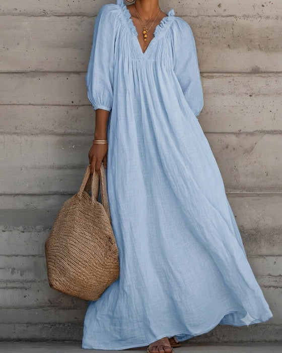 Kleid Rein Weiß Blasenärmel Voll Rock Maxi