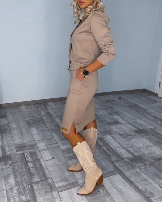 Ensemble deux pièces robe et veste boutonnée de couleur unie