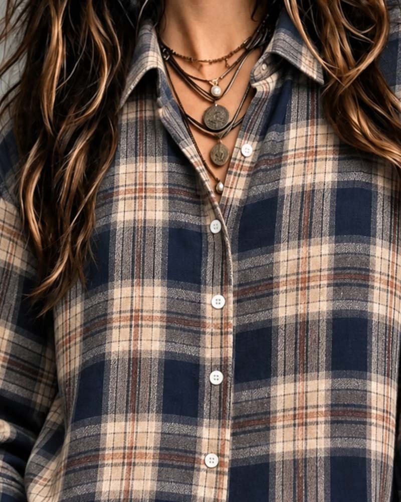 Blouse Col À Carreaux Manches Longues
