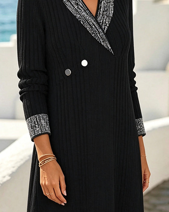 Robe Col V Bloc De Couleur Décontractée