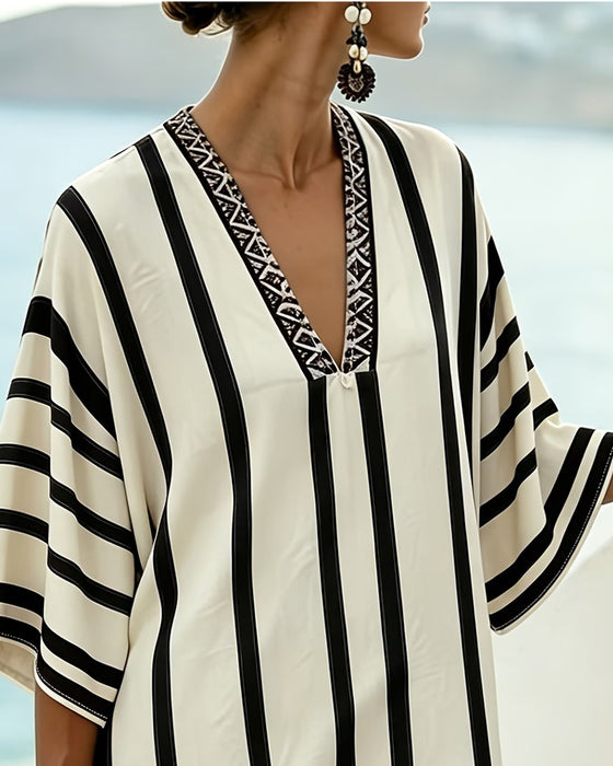 Robe Bloc Couleur Noir Rayure Verticale Col V