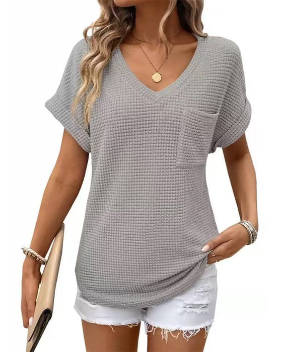 T-Shirt Femme Maille Gaufrée Col V Décontracté Été