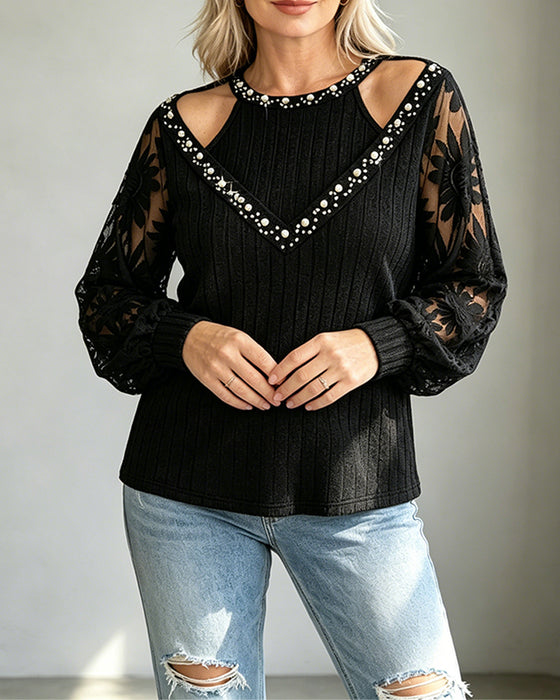 T-Shirt Perforé Dentelle Côtelé