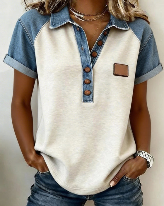 T-Shirt Denim Couleur Bloc Court Manche