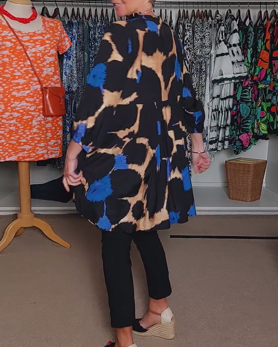 Chemisier décontracté à manches longues et col en V avec imprimé de couleurs contrastées