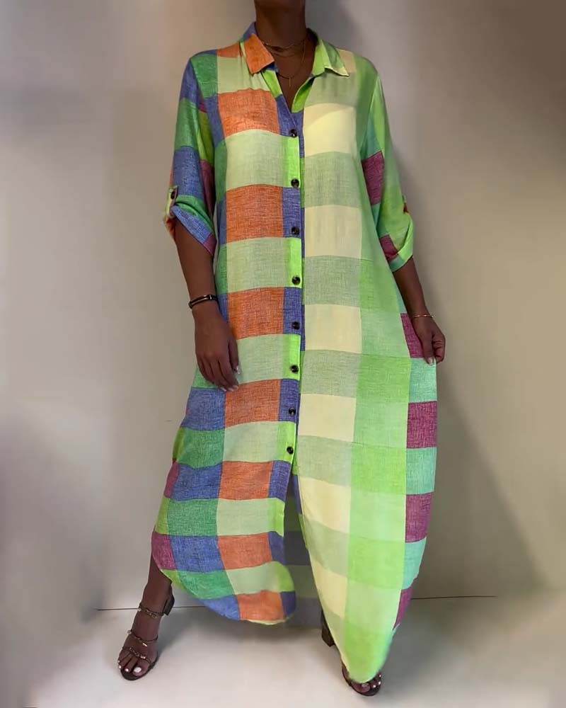 Robe à Carreaux Col Bloc de Couleur Chemise