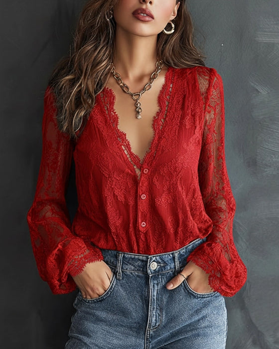 Blouse À Manches Longues En Dentelle Avec Col En V