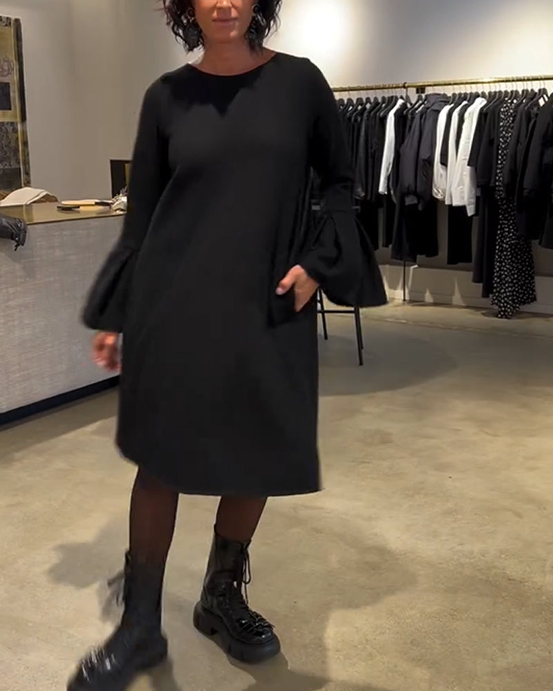 Robe Uni Manche Évasée Froncé