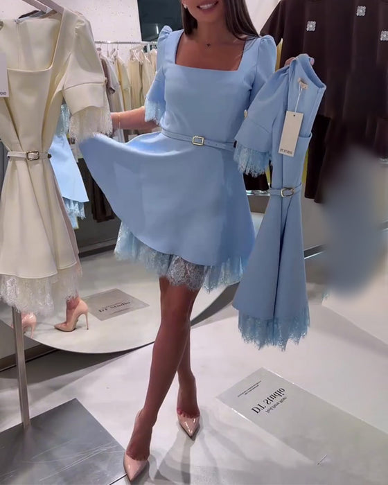 Robe Col Carré Dentelle Cintrée Patchwork